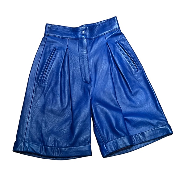 Vintage 80s High Waisted 100% Leather Blue Bermudas Shorts Size 6 Zipped Closure - Picture 5 of 12